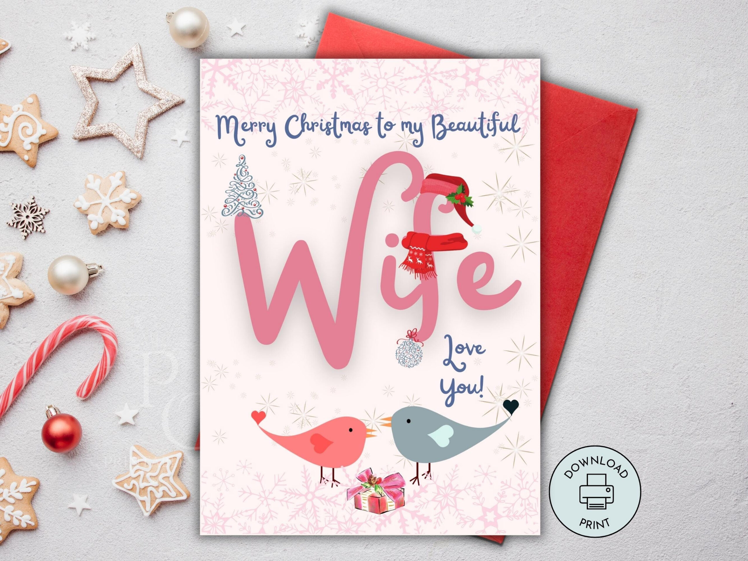 Printable Christmas Card For Wife, Merry Christmas Wife Card, Xmas for Printable Christmas Card For Wife with Love