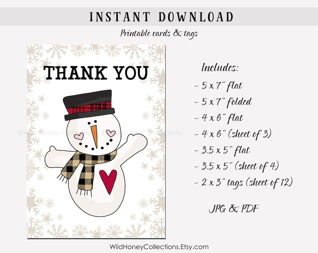 Printable Snowman Thank You Card &amp;amp; Tags: Winter Design (Digital within Winter Thank You Cards Printable