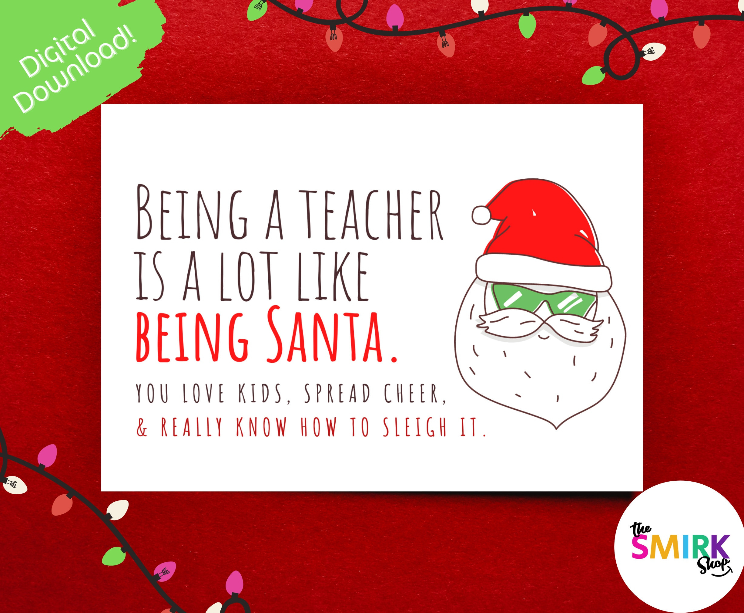 Printable Teacher Christmas Card: Santa Design (Digital Download inside Printable Christmas Card For Teacher