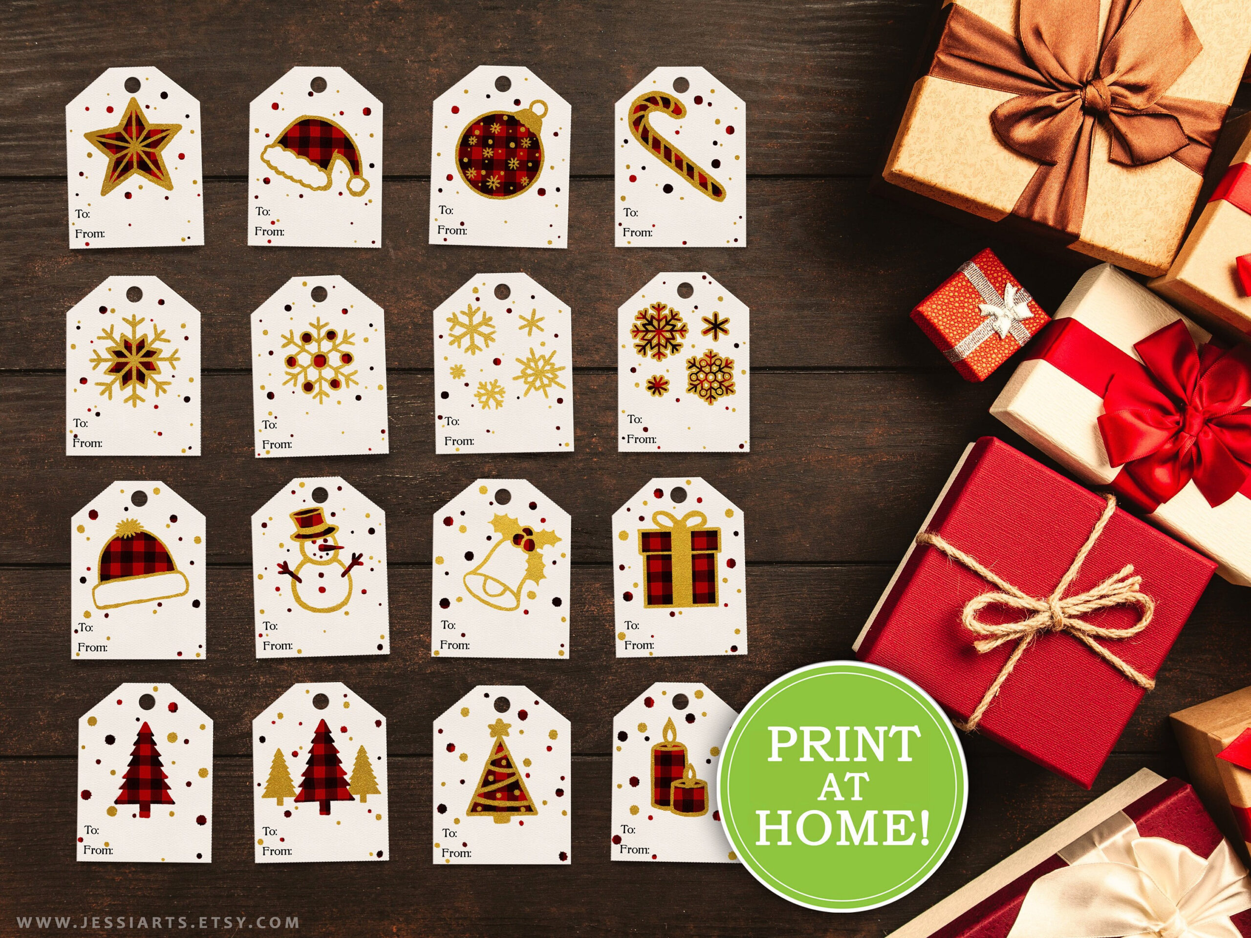 Red Check &amp;amp; Gold Christmas Gift Tags | Printable Holiday Tags with Etsy Printable Christmas Tags