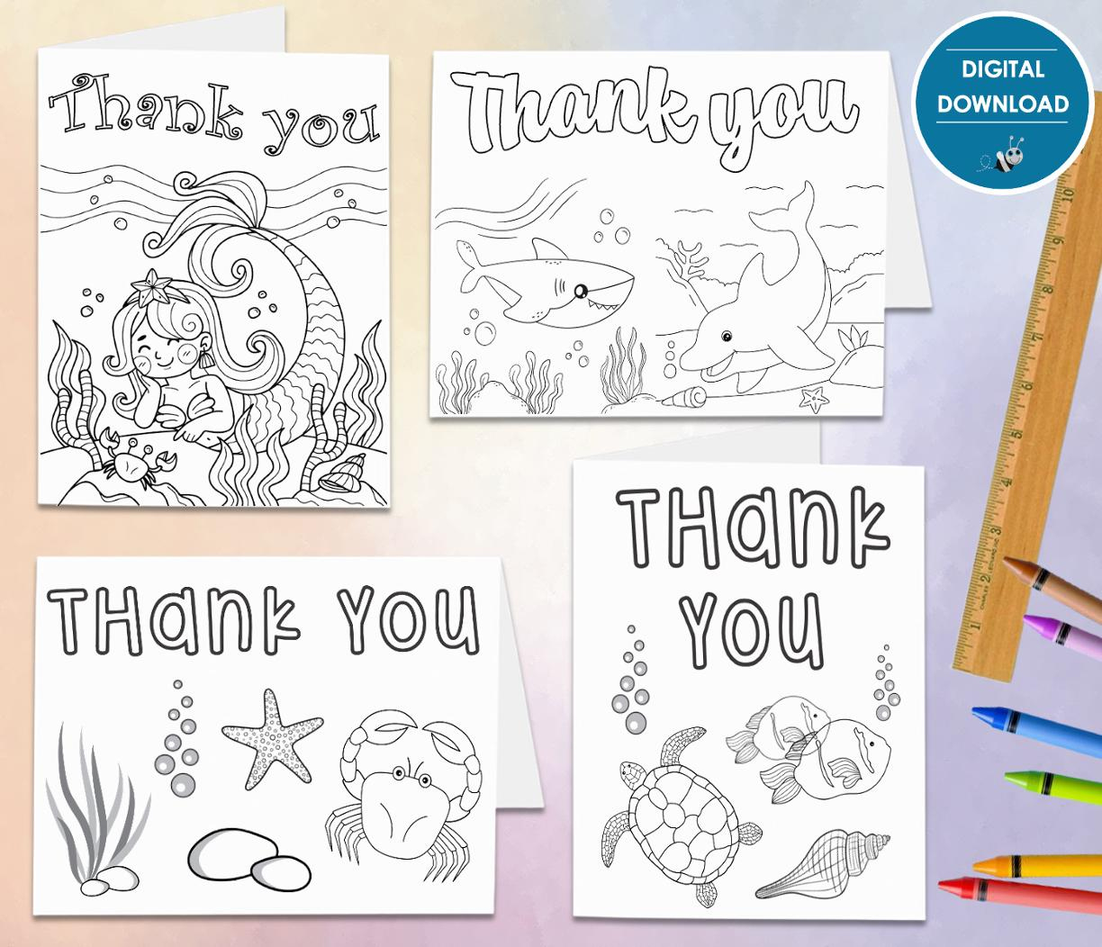 Sealife Color In Thank You Card | Digital File Instant Download regarding Printable Greeting Cards Kids Thank You